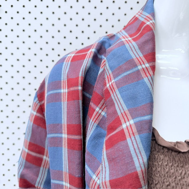 1960s nz vintage / red and blue plaid wool robe / free size (3926225558327620357)