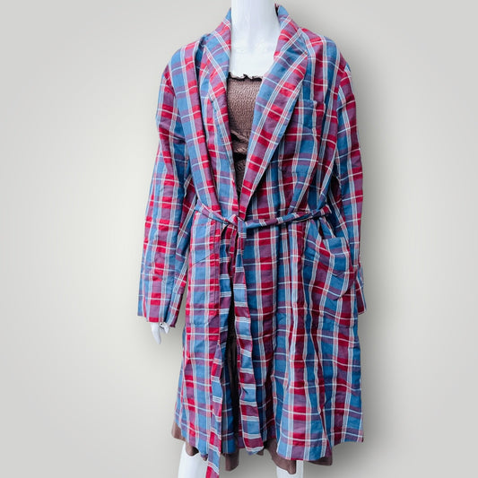 1960s nz vintage / red and blue plaid wool robe / free size (3926230084826183203)