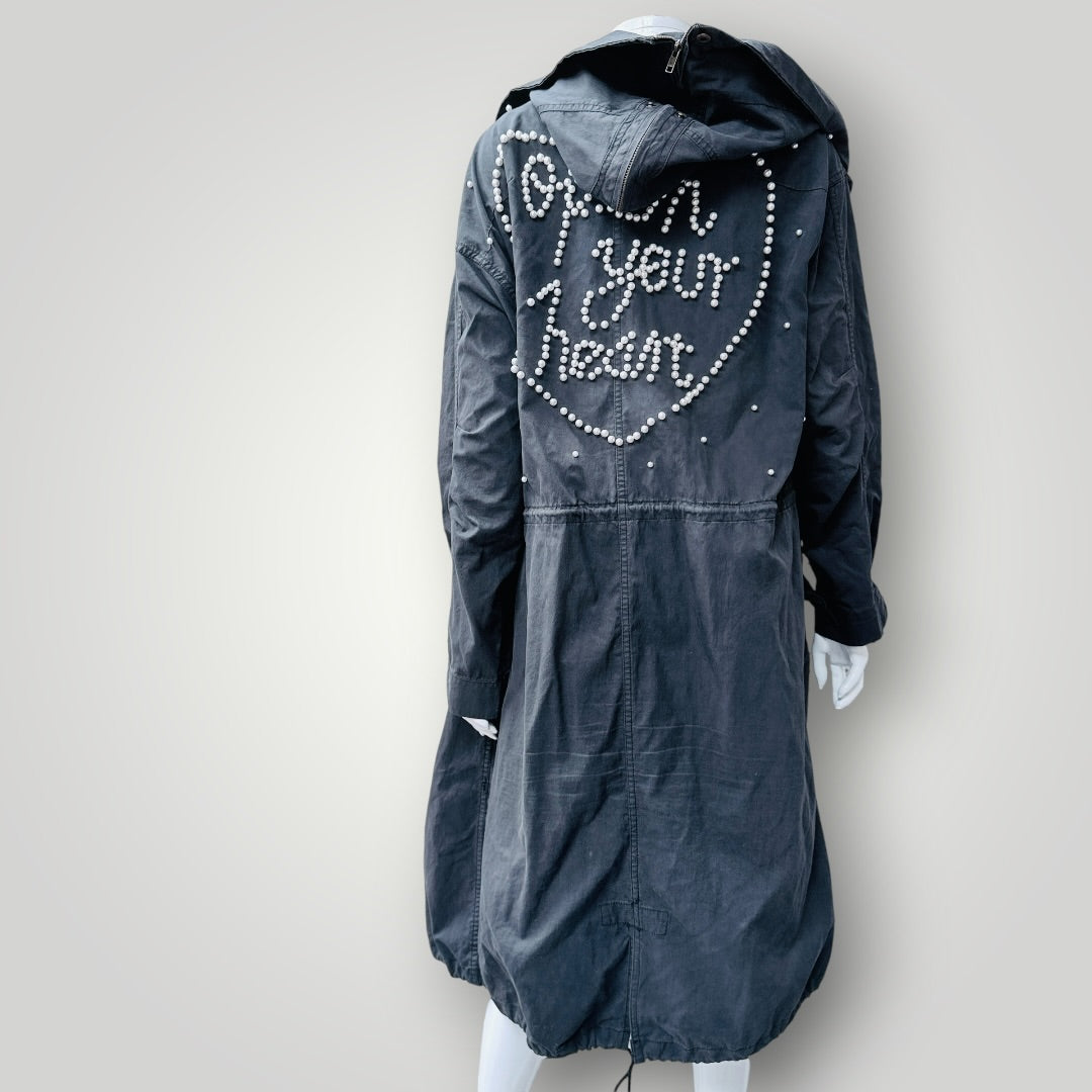 TRELISE COOPER HOLY CHIC / charcoal grey hooded parka with beading / s/m (3926230109841615971)