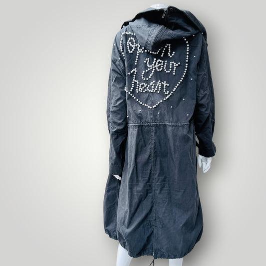 TRELISE COOPER HOLY CHIC / charcoal grey hooded parka with beading / s/m (3926230109841615971)