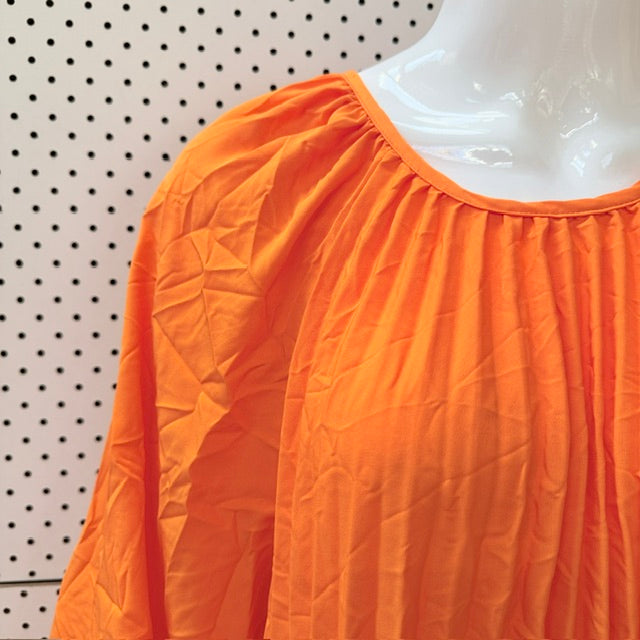 bright orange / pleated long-sleeve midi dress / L (3926308972396263452)