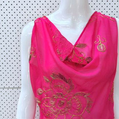 CARLY HARRIS / hot pink midi dress with metallic gold embroidery / m (3926309056089264564)