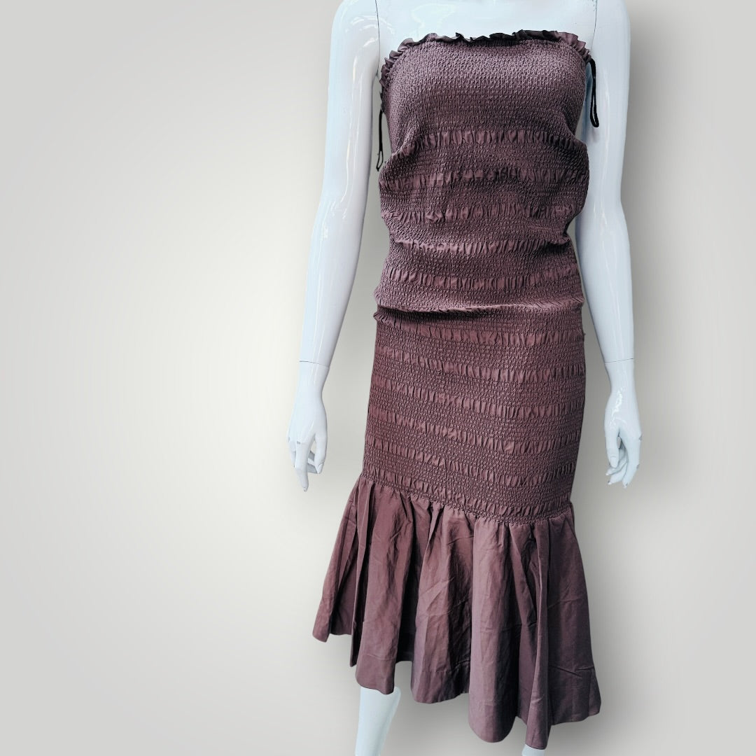 MARLE / 'louisa' brown smocked midi dress / 10 / made in nz (3926309428381608587)