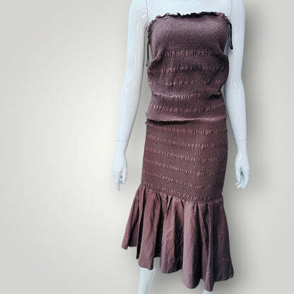 MARLE / 'louisa' brown smocked midi dress / 10 / made in nz (3926309428381608587)