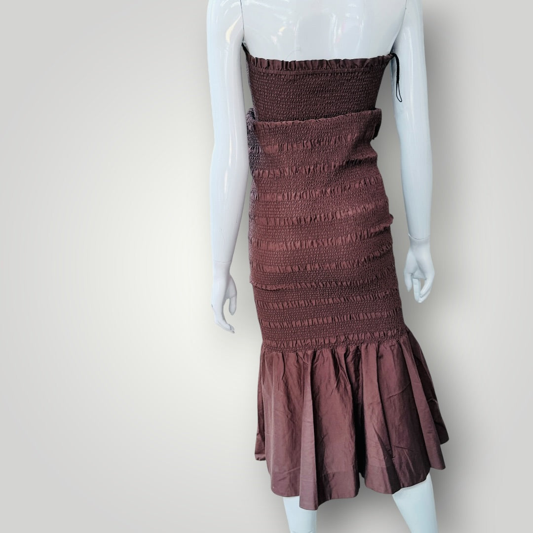 MARLE / 'louisa' brown smocked midi dress / 10 / made in nz (3926309429245375246)