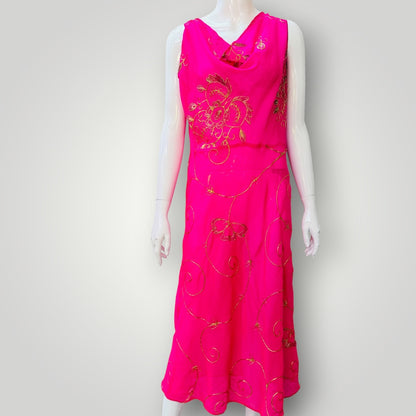 CARLY HARRIS / hot pink midi dress with metallic gold embroidery / m (3926309434865690347)