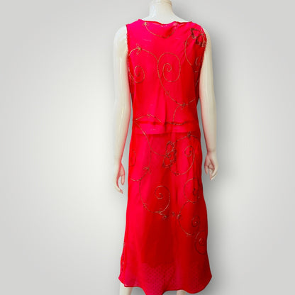 CARLY HARRIS / hot pink midi dress with metallic gold embroidery / m (3926309437456302944)