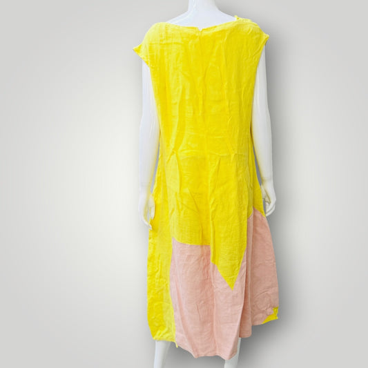 yellow / linen / sleeveless midi dress / L (3926309446811994825)