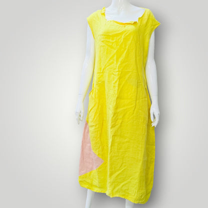 yellow / linen / sleeveless midi dress / L (3926309449228780615)