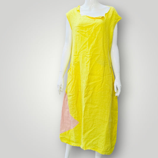 yellow / linen / sleeveless midi dress / L (3926309449228780615)
