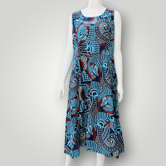 polynesian patterned / midi dress / m (3926309450004520582)