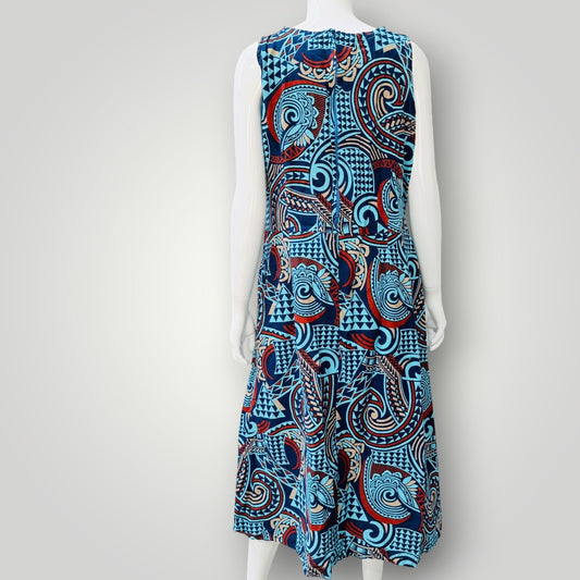 polynesian patterned / midi dress / m (3926309452931202397)