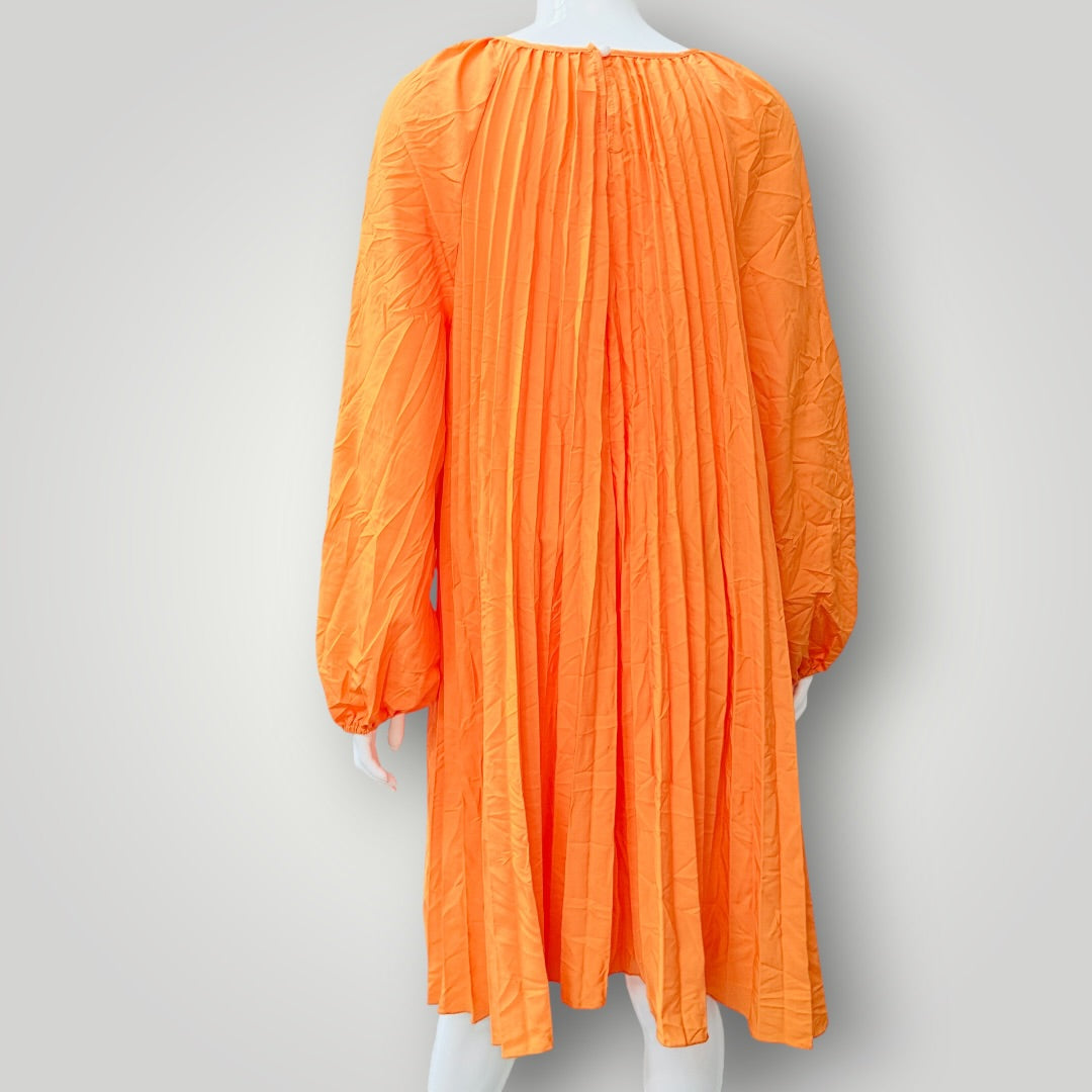 bright orange / pleated long-sleeve midi dress / L (3926309467267428253)