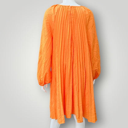 bright orange / pleated long-sleeve midi dress / L (3926309467267428253)