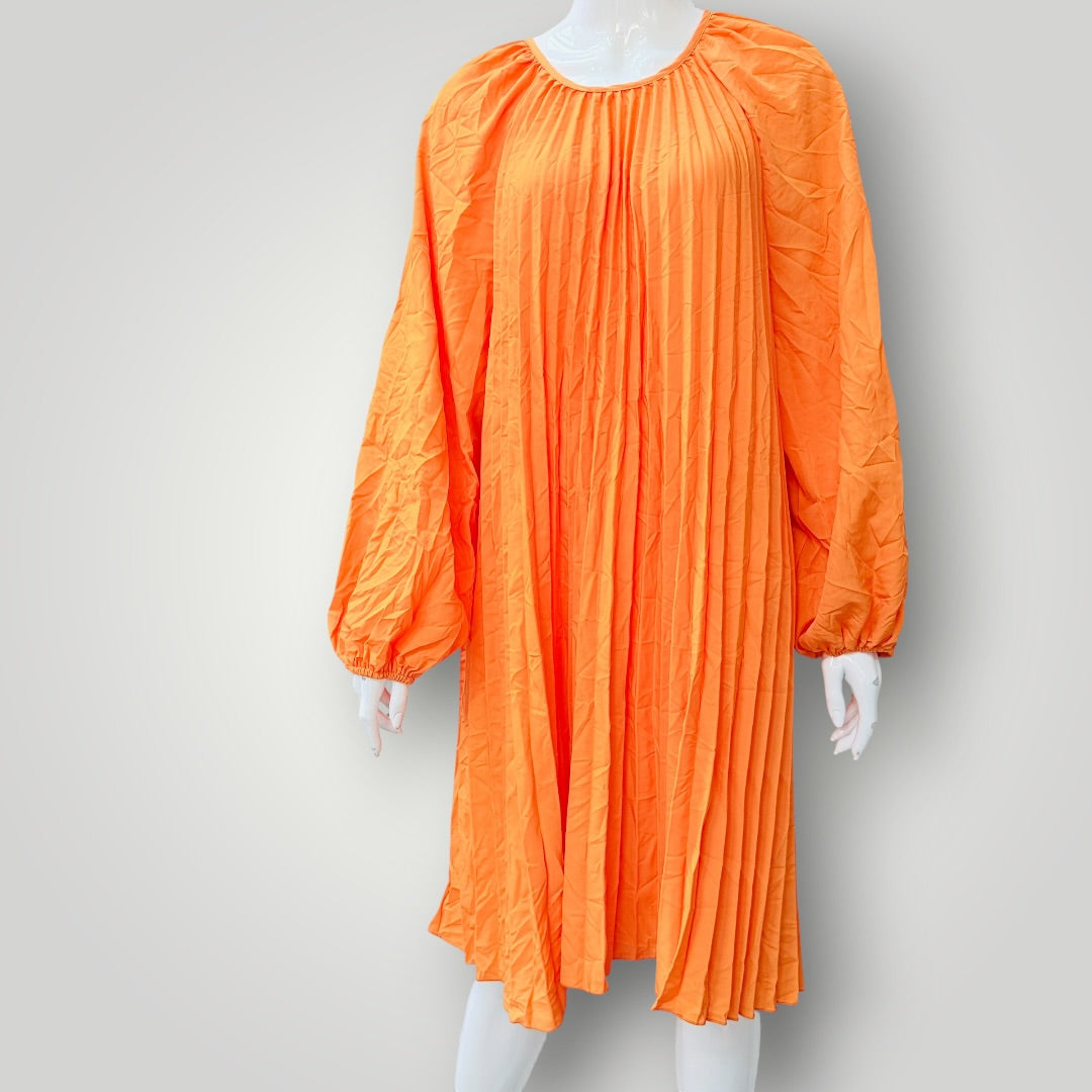 bright orange / pleated long-sleeve midi dress / L (3926309473300238708)