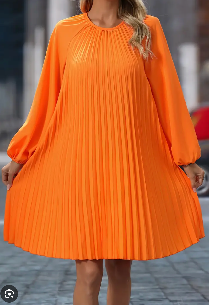 bright orange / pleated long-sleeve midi dress / L (3926310458880534544)