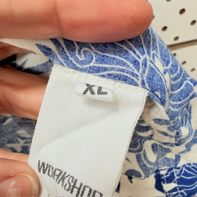 WORKSHOP / blue floral/scroll print short sleeve button-up shirt / XL (3926417369318033980)