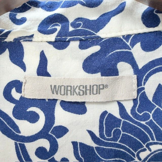WORKSHOP / blue floral/scroll print short sleeve button-up shirt / XL (3926417371214594594)