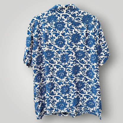 WORKSHOP / blue floral/scroll print short sleeve button-up shirt / XL (3926418152049819754)