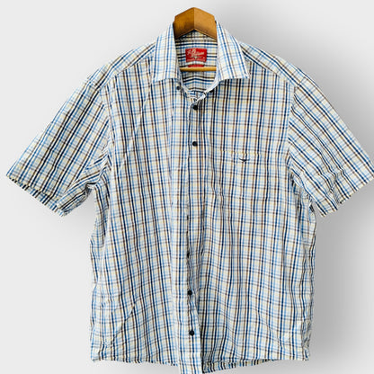R.M. WILLIAMS / blue check cotton short-sleeve button-up shirt / 3XL (3926847929412821896)