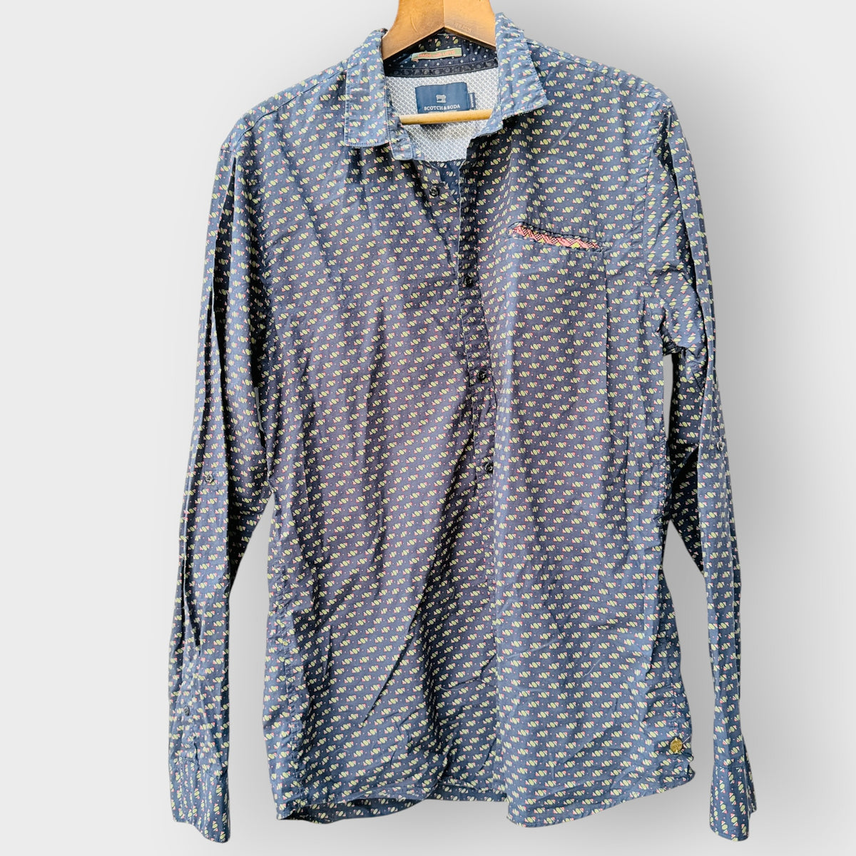 SCOTCH & SODA / navy geometric print cotton long-sleeve shirt/ L (3926847976897506813)