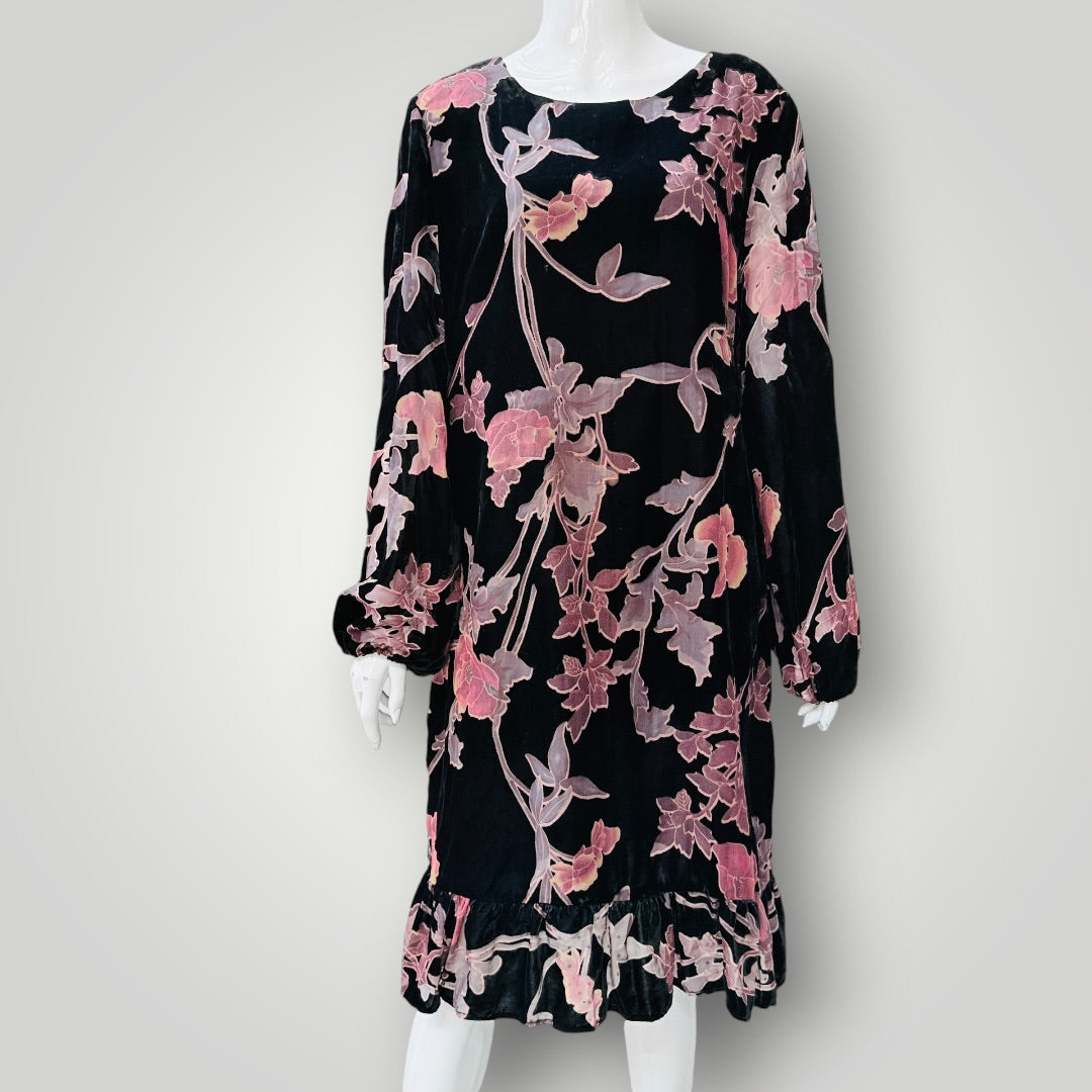 GRACE HILL / black and pink burnout velvet floral long-sleeve dress / 16 (3927024710696098032)