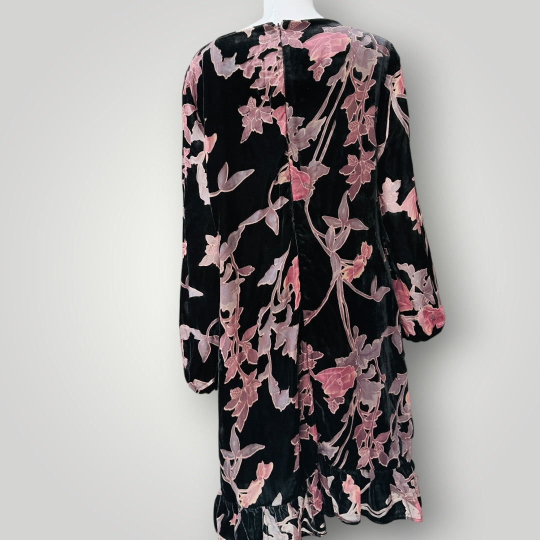 GRACE HILL / black and pink burnout velvet floral long-sleeve dress / 16 (3927024712074661310)