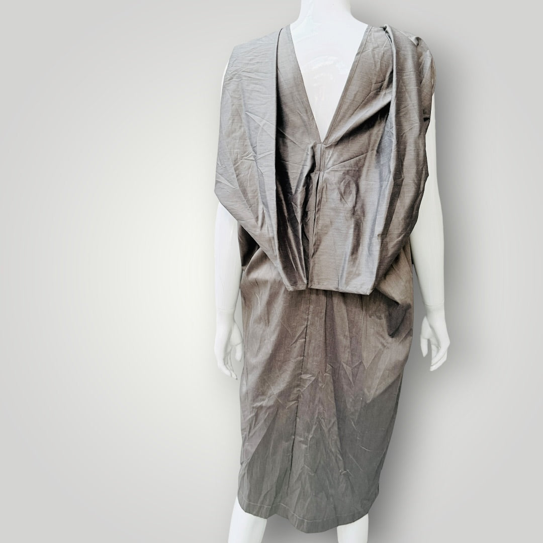 reversible / sleeveless gathered midi dress / taupe / S (3927024731329918041)