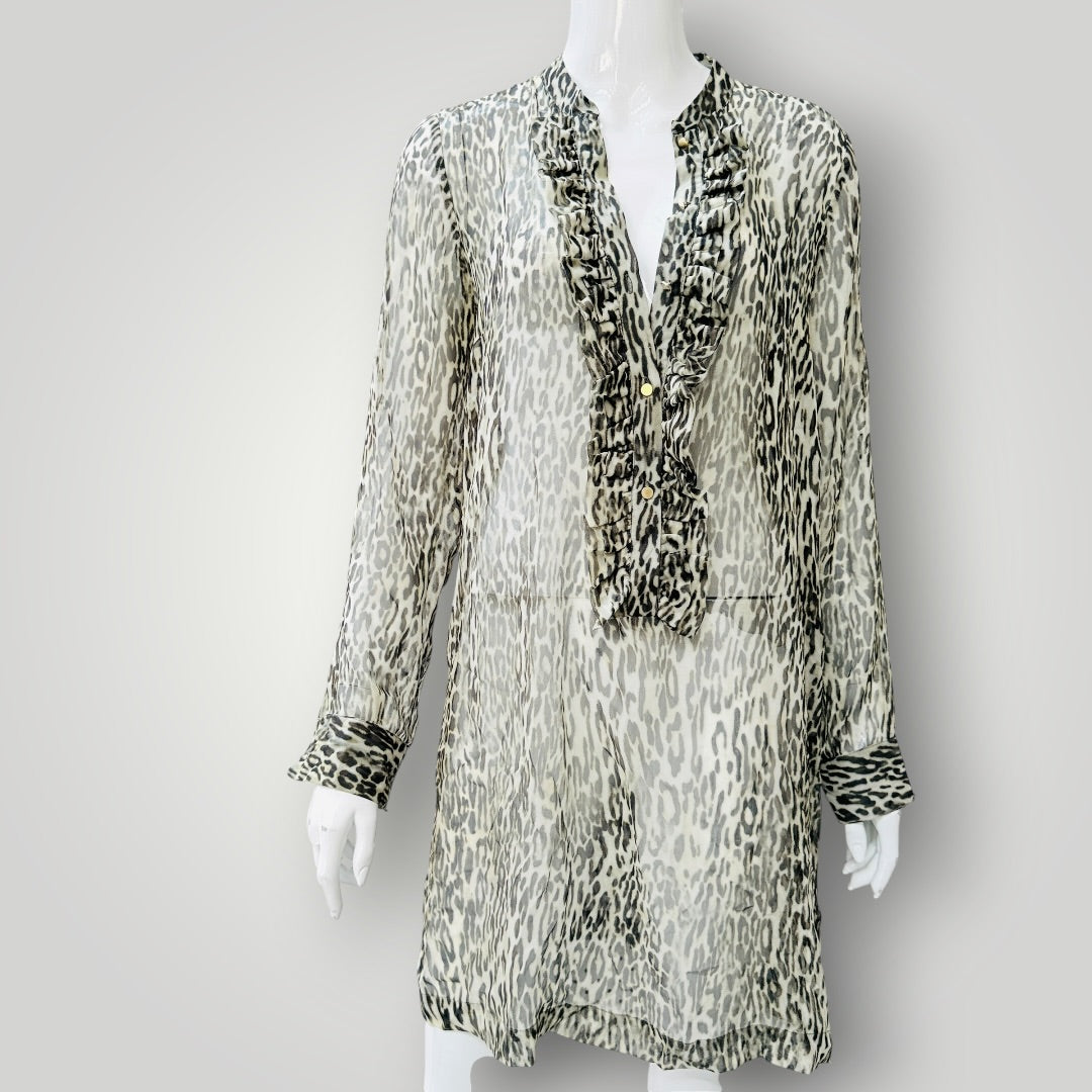 HELEN CHERRY / 100% silk animal print ruffle tunic dress / S (3927024732578336237)