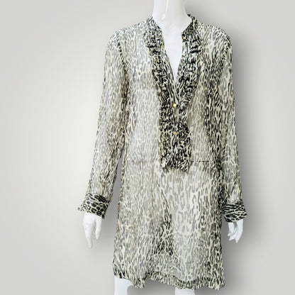 HELEN CHERRY / 100% silk animal print ruffle tunic dress / S (3927024732578336237)