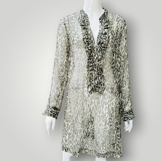 HELEN CHERRY / 100% silk animal print ruffle tunic dress / S (3927024732578336237)
