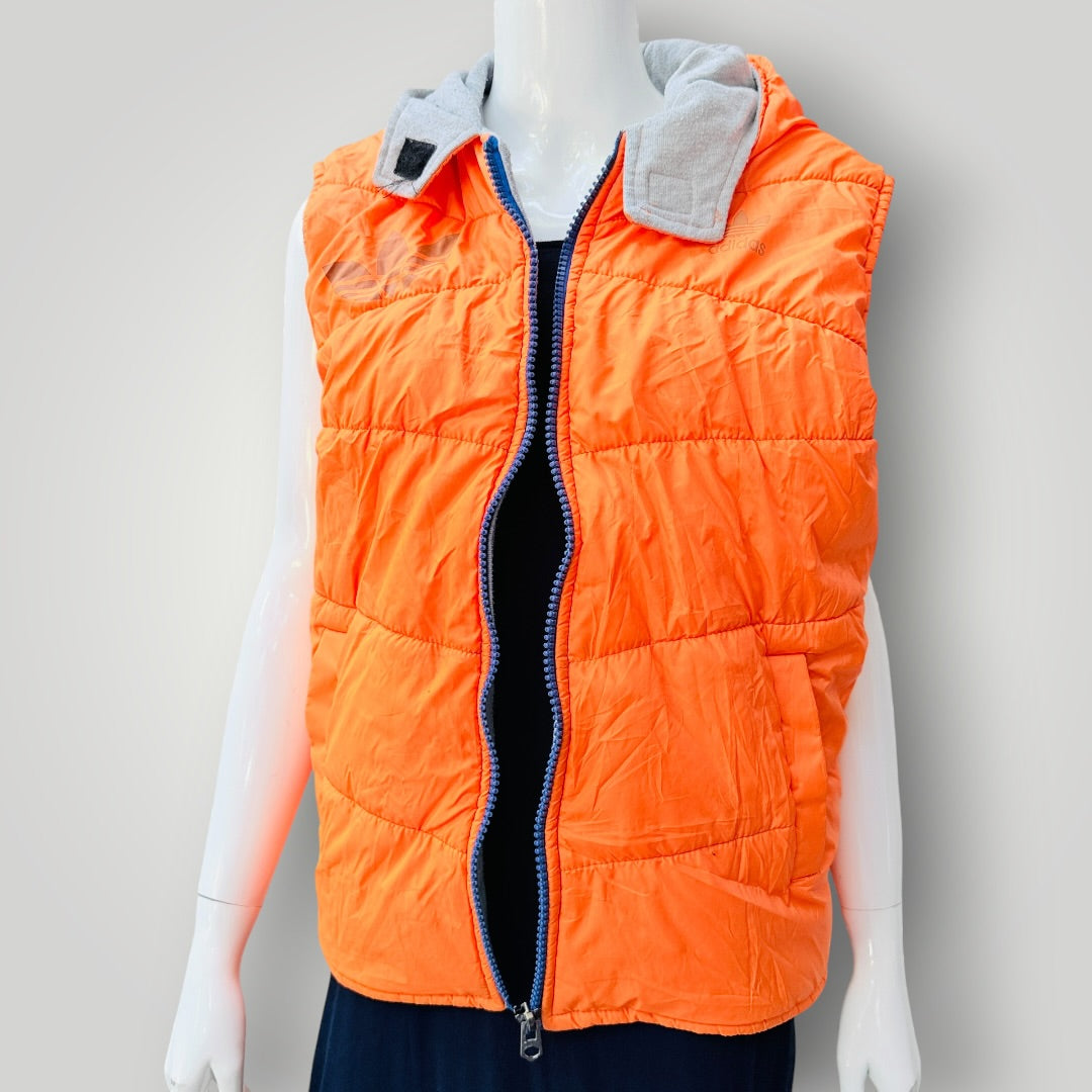 y2k vintage / ADIDAS / bright orange puffer vest with grey hood / L (3927364560430797645)