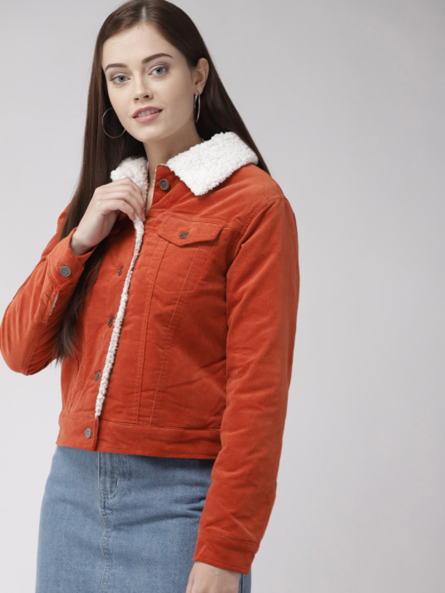 FOREVER 21 / rust orange corduroy sherpa-lined trucker jacket / M (3927366164989134991)