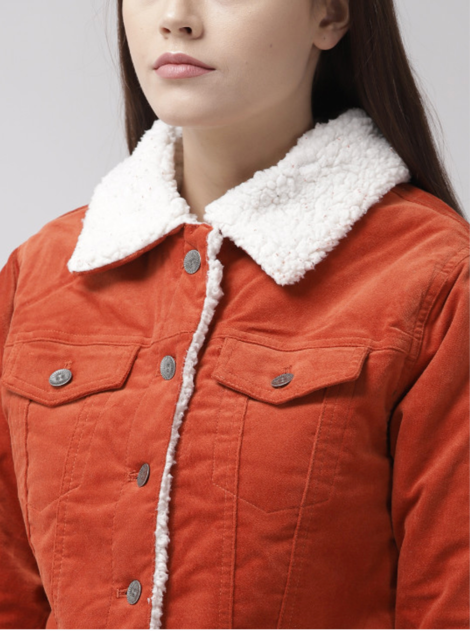 FOREVER 21 / rust orange corduroy sherpa-lined trucker jacket / M (3927366167584702973)
