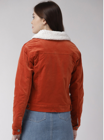FOREVER 21 / rust orange corduroy sherpa-lined trucker jacket / M (3927366171611784212)