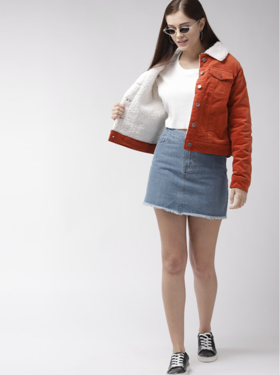 FOREVER 21 / rust orange corduroy sherpa-lined trucker jacket / M (3927366173541910895)