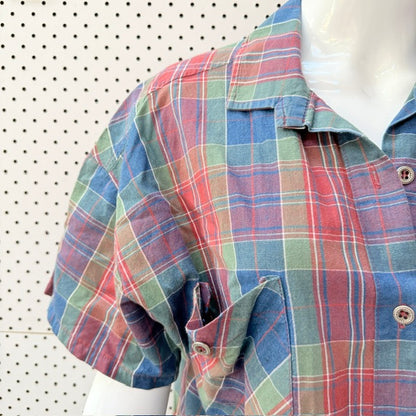 1970s nz vintage / SYCAMORE / plaid short-sleeve button-down shirt / s (3927449433039302235)