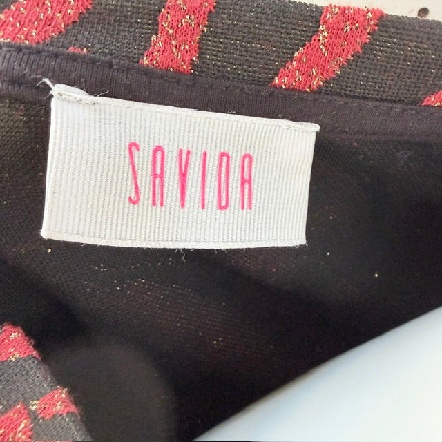 SAVIDA / black, red and gold animal print puff-sleeve top / XL (3927449539821244681)