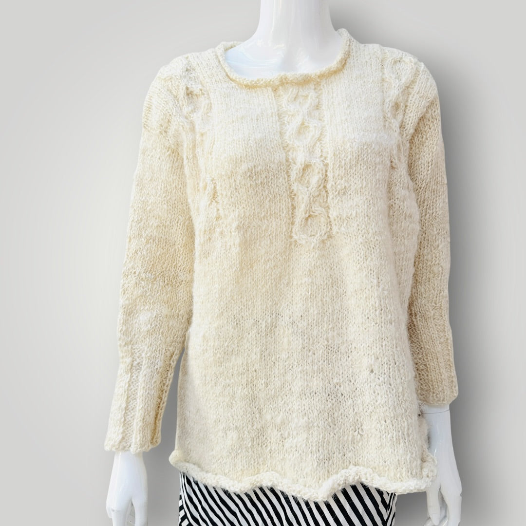 WOOL NATURALLY / creamy white homespun cable-knit wool jumper / L (3927449815057407593)