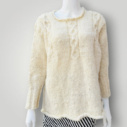 WOOL NATURALLY / creamy white homespun cable-knit wool jumper / L (3927449815057407593)