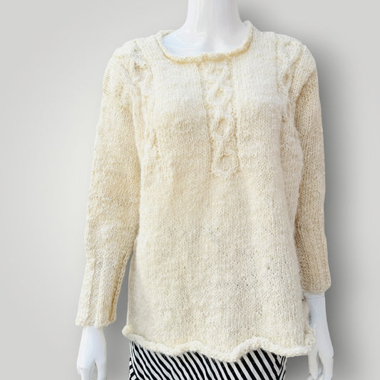 WOOL NATURALLY / creamy white homespun cable-knit wool jumper / L (3927449815057407593)