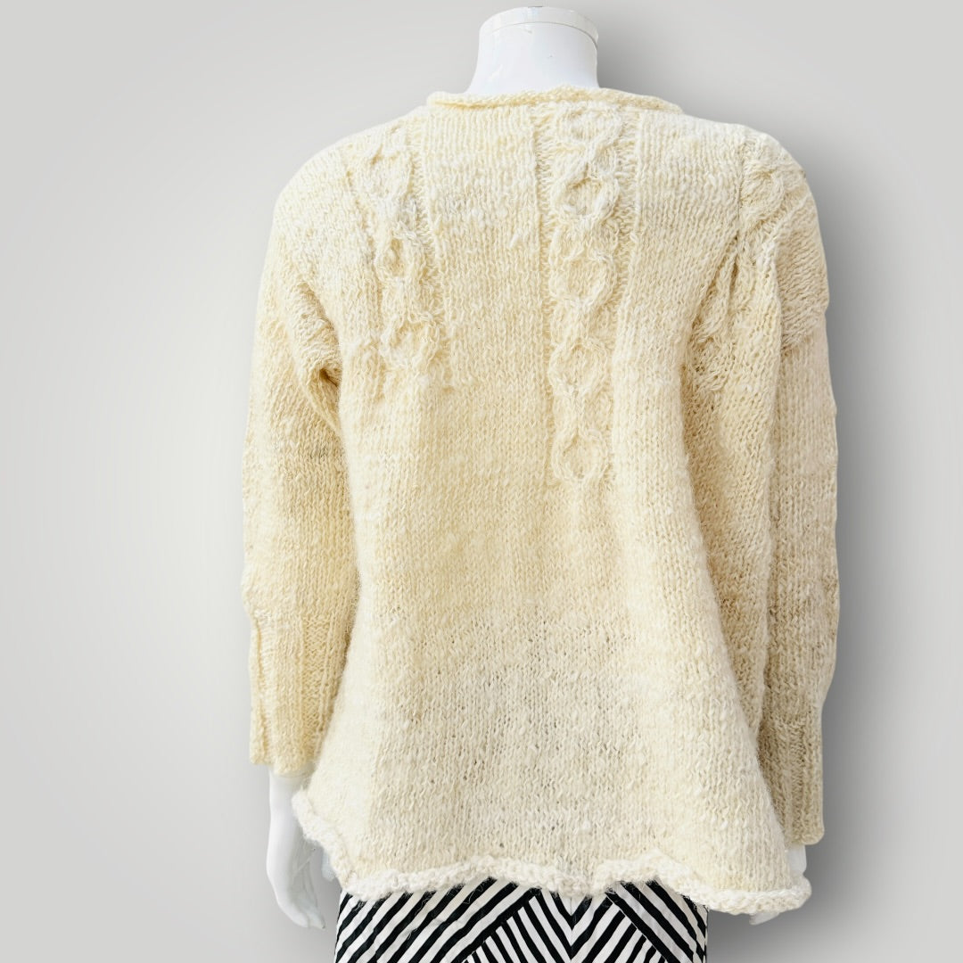 WOOL NATURALLY / creamy white homespun cable-knit wool jumper / L (3927449817512483698)