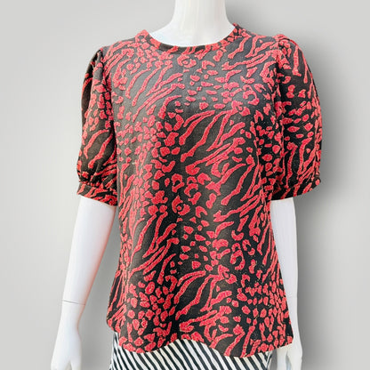 SAVIDA / black, red and gold animal print puff-sleeve top / XL (3927449824195733019)