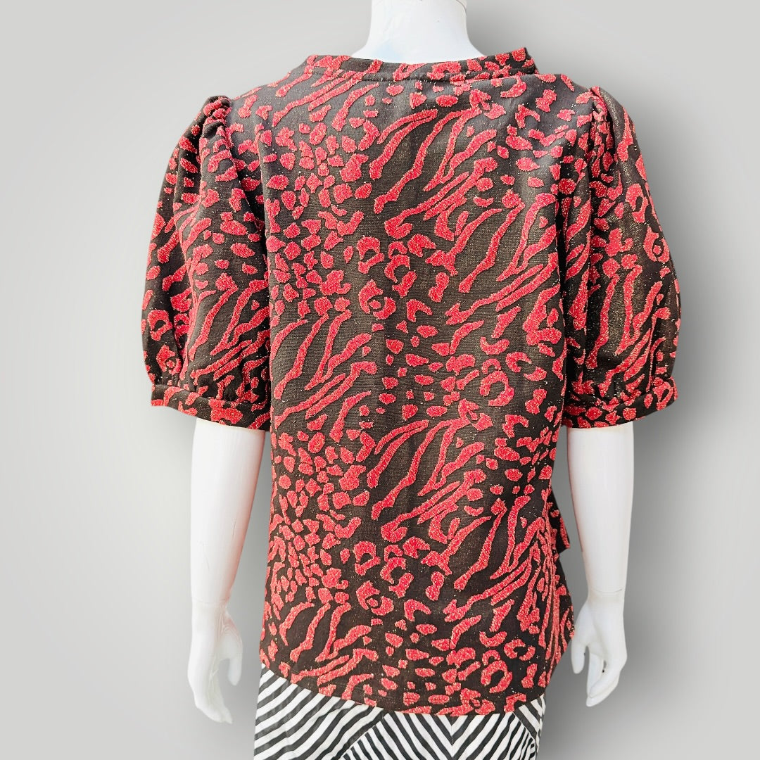 SAVIDA / black, red and gold animal print puff-sleeve top / XL (3927449826318726188)