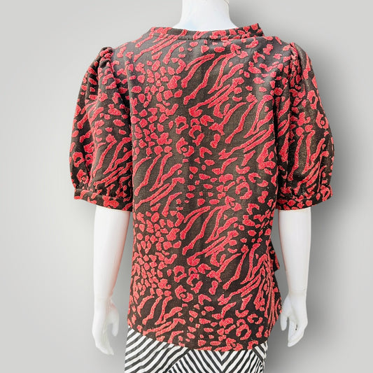 SAVIDA / black, red and gold animal print puff-sleeve top / XL (3927449826318726188)
