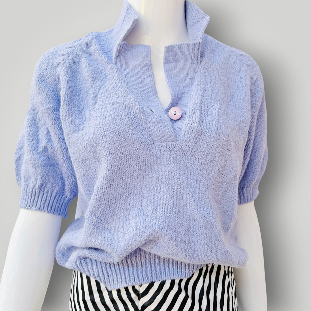 1980s nz vintage / PASCALE KNITS / lavender knit short-sleeve polo top / S/M (3927449875312177891)