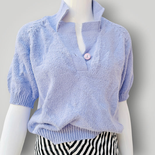 1980s nz vintage / PASCALE KNITS / lavender knit short-sleeve polo top / S/M (3927449875312177891)