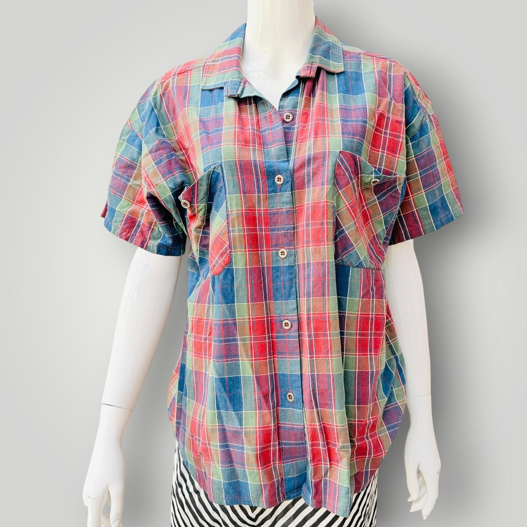 1970s nz vintage / SYCAMORE / plaid short-sleeve button-down shirt / s (3927449879121300398)