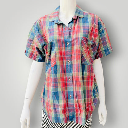 1970s nz vintage / SYCAMORE / plaid short-sleeve button-down shirt / s (3927449879121300398)