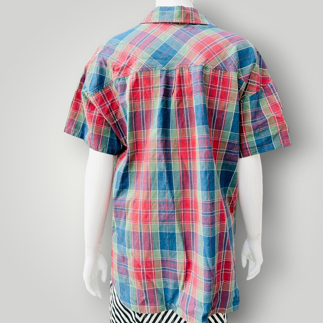 1970s nz vintage / SYCAMORE / plaid short-sleeve button-down shirt / s (3927449881146951936)